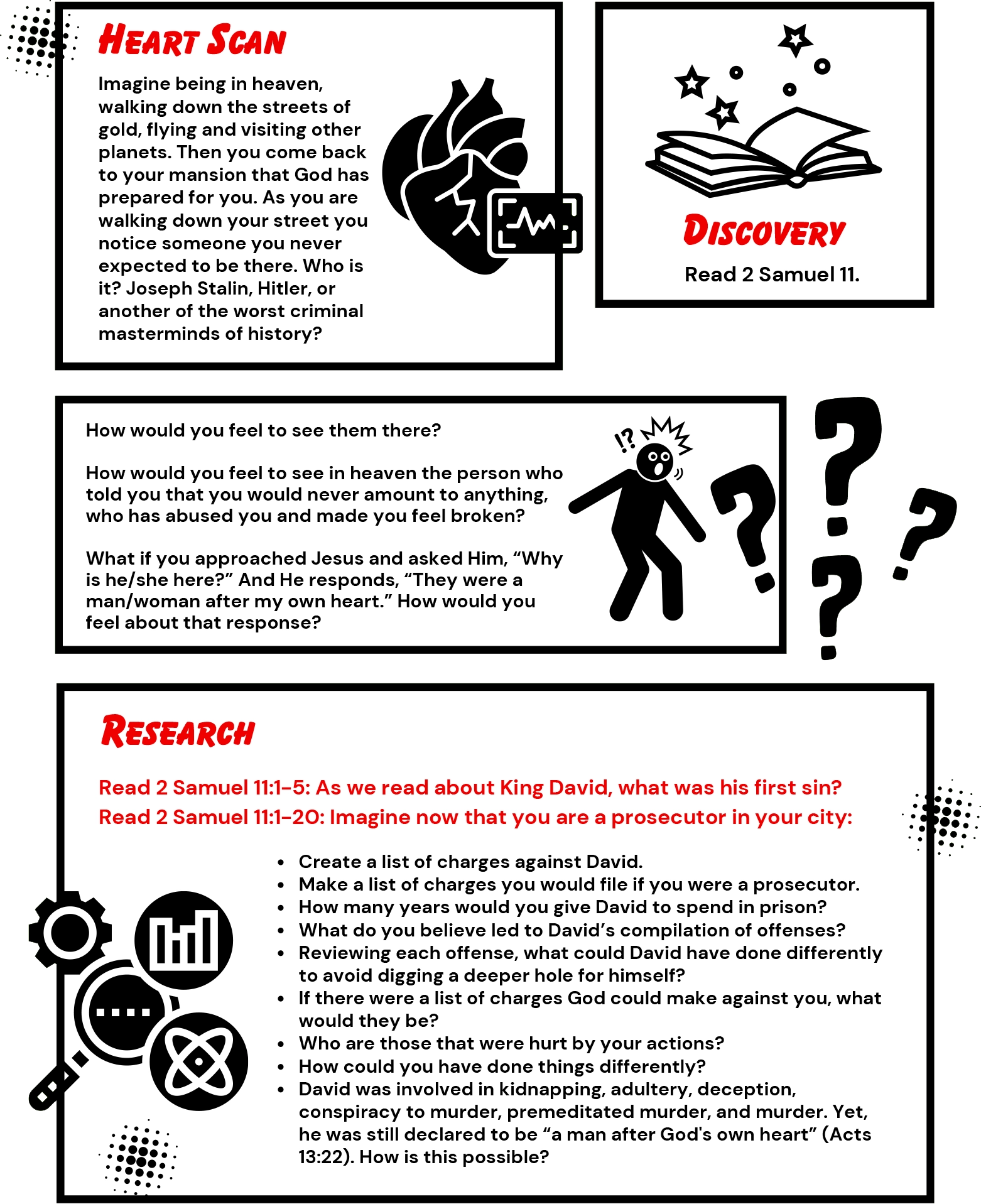 A Christian devotional page with the title "Heart Scan" prompting readers to imagine seeing someone unexpected in heaven, like a historical criminal. It includes questions about judgment, forgiveness, and God’s mercy, followed by a “Discovery” section directing readers to read 2 Samuel 11. Graphics include a stylized heart with an ECG line, an open book with stars, and a puzzled stick figure with question marks.
