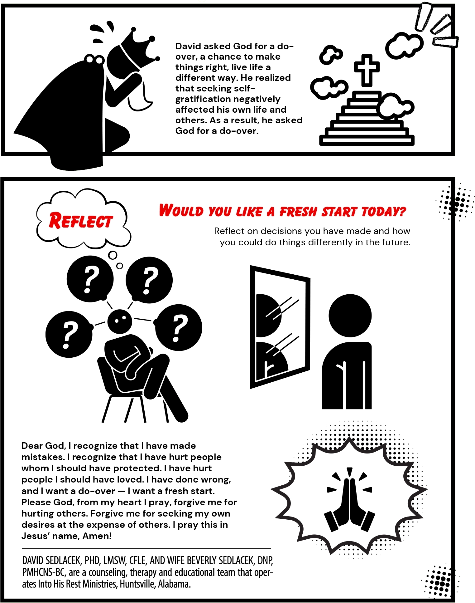 A continuation of a Christian devotional focusing on reflection and redemption. It explains how David in the Bible asked God for a “do-over” after realizing the damage of his actions. The “Reflect” section encourages readers to consider their own mistakes and seek forgiveness. Includes a prayer for a fresh start. Graphics depict a crying king, stairs leading to a cross, thought bubbles with question marks, a mirror reflection, and praying hands.