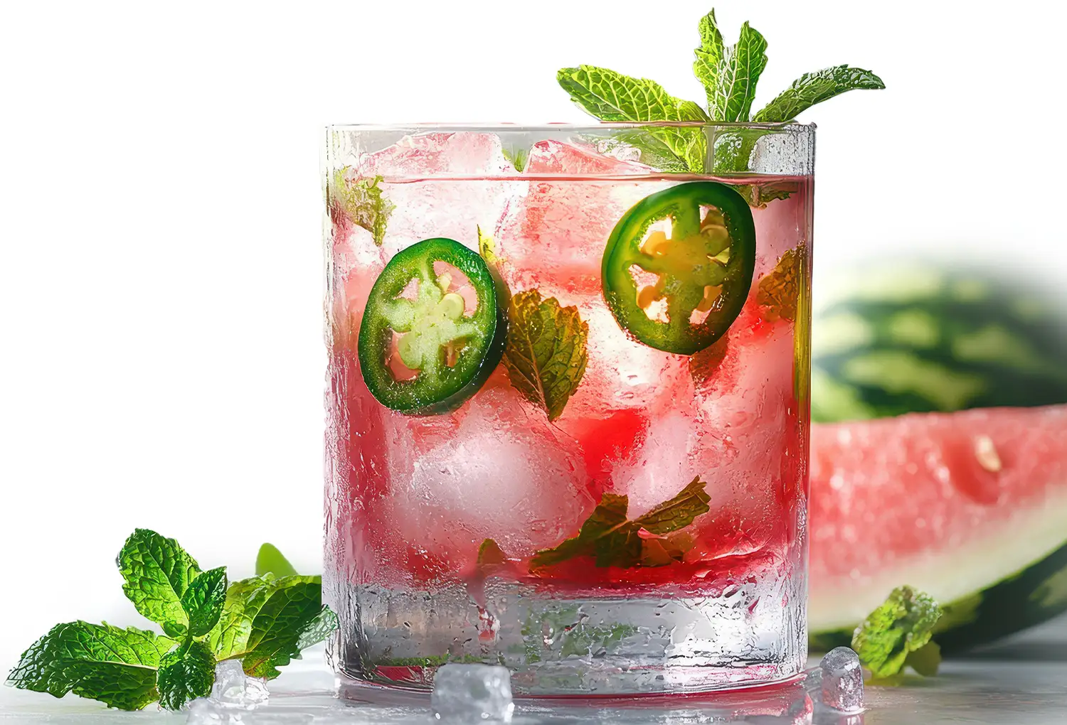 A refreshing watermelon mocktail garnished with fresh mint leaves and sliced jalapeños, filled with ice cubes, against a light background with a watermelon slice.