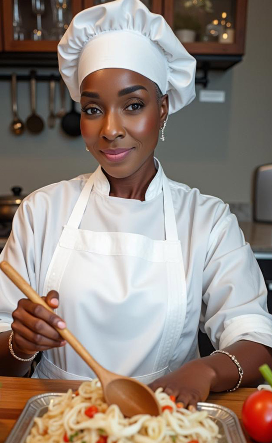 Chef in a pristine white uniform presenting a freshly prepared pasta dish, holding a wooden spoon.