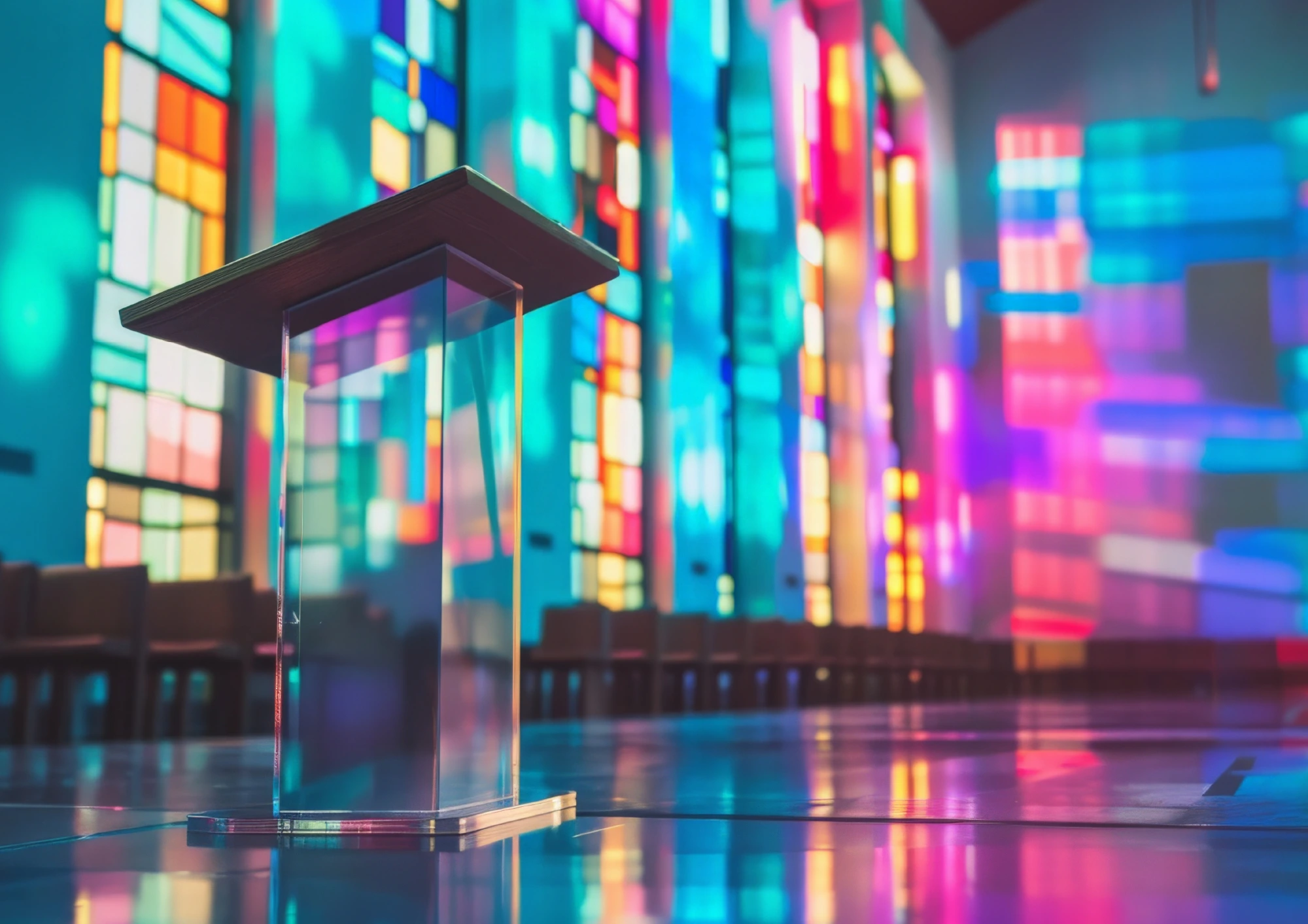 Clear podium in an empty church with vibrant stained-glass windows