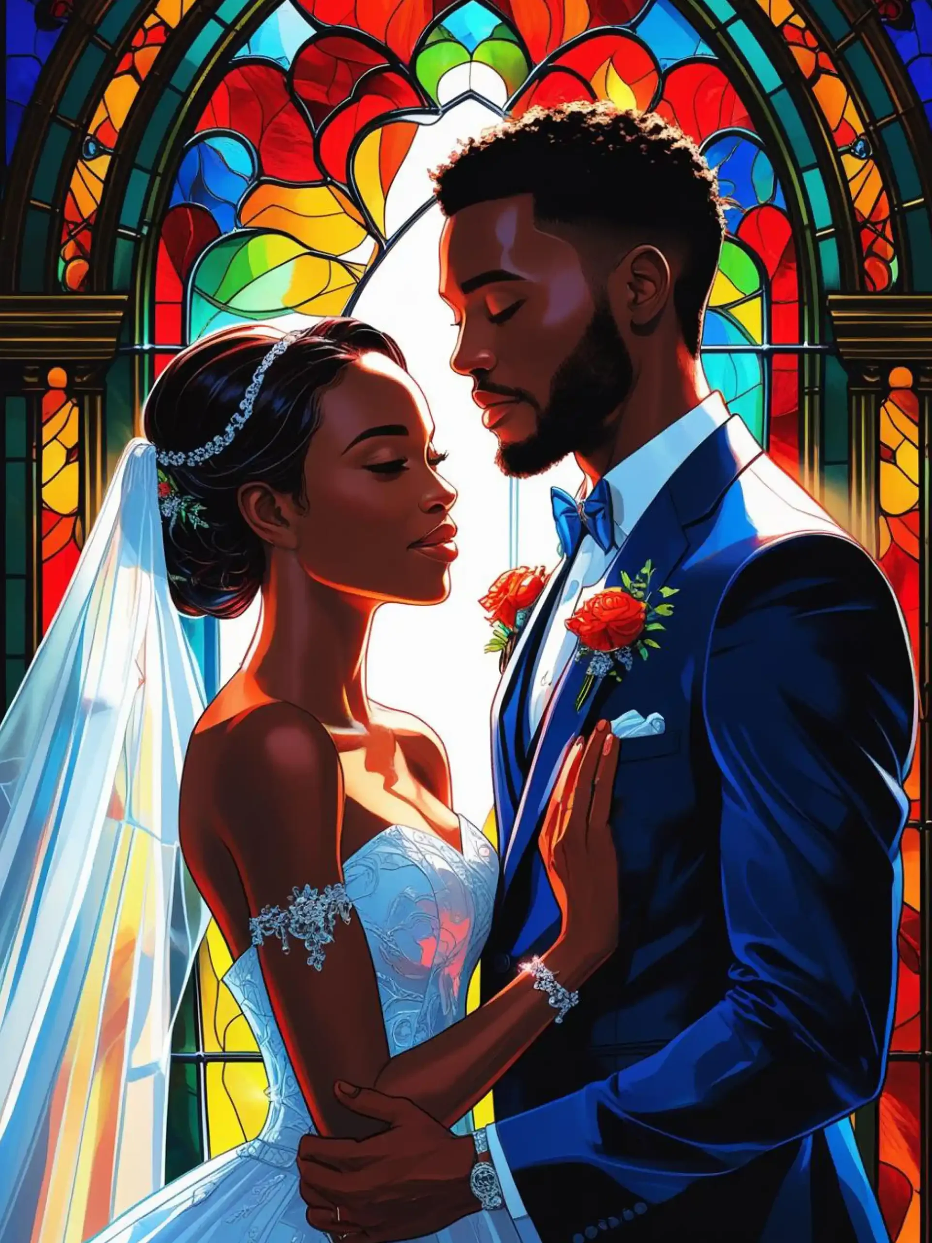  A newlywed couple embraces in front of a colorful stained-glass window