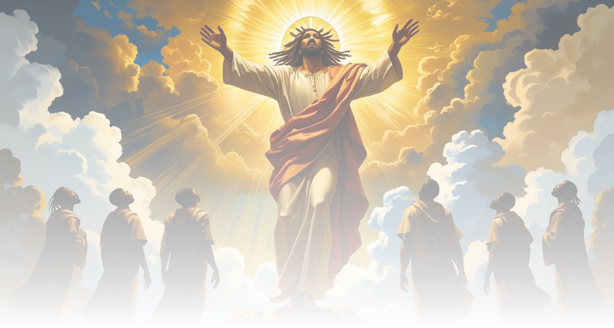 digital painting depicting Jesus rising to heaven leaving disciples in silhouette on earth