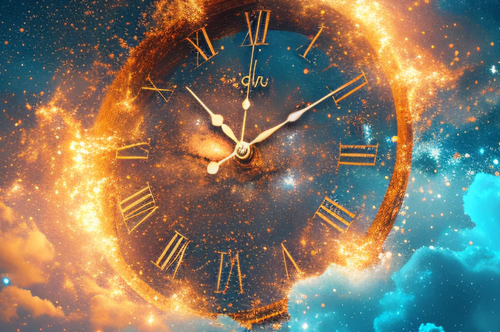 Surreal illustration of a glowing clock with golden Roman numerals floating in a cosmic sky filled with stars, clouds, and swirling bursts of light.