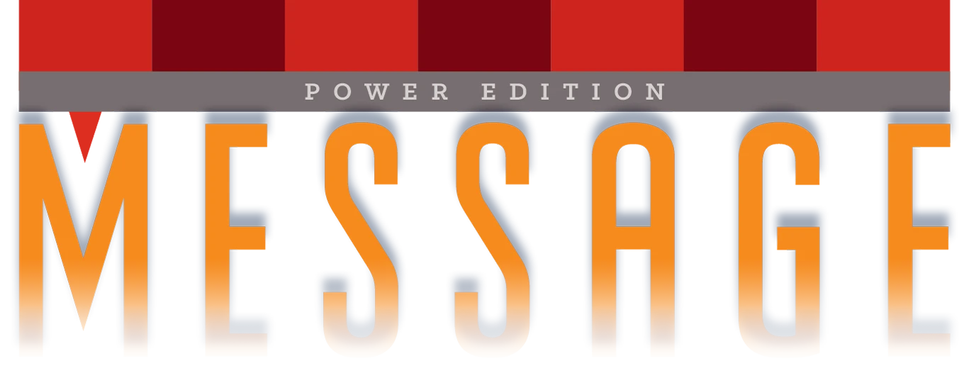 Logo of Message Magazine featuring the word “MESSAGE” in bold white uppercase letters with black outlines. Above the text is a horizontal design of alternating red shades and a thin gray stripe running underneath.
