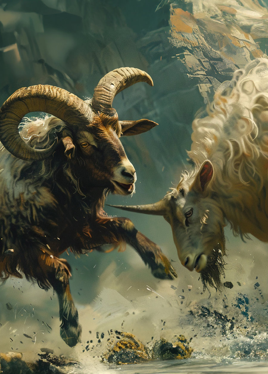 two rams facing each other while charging 