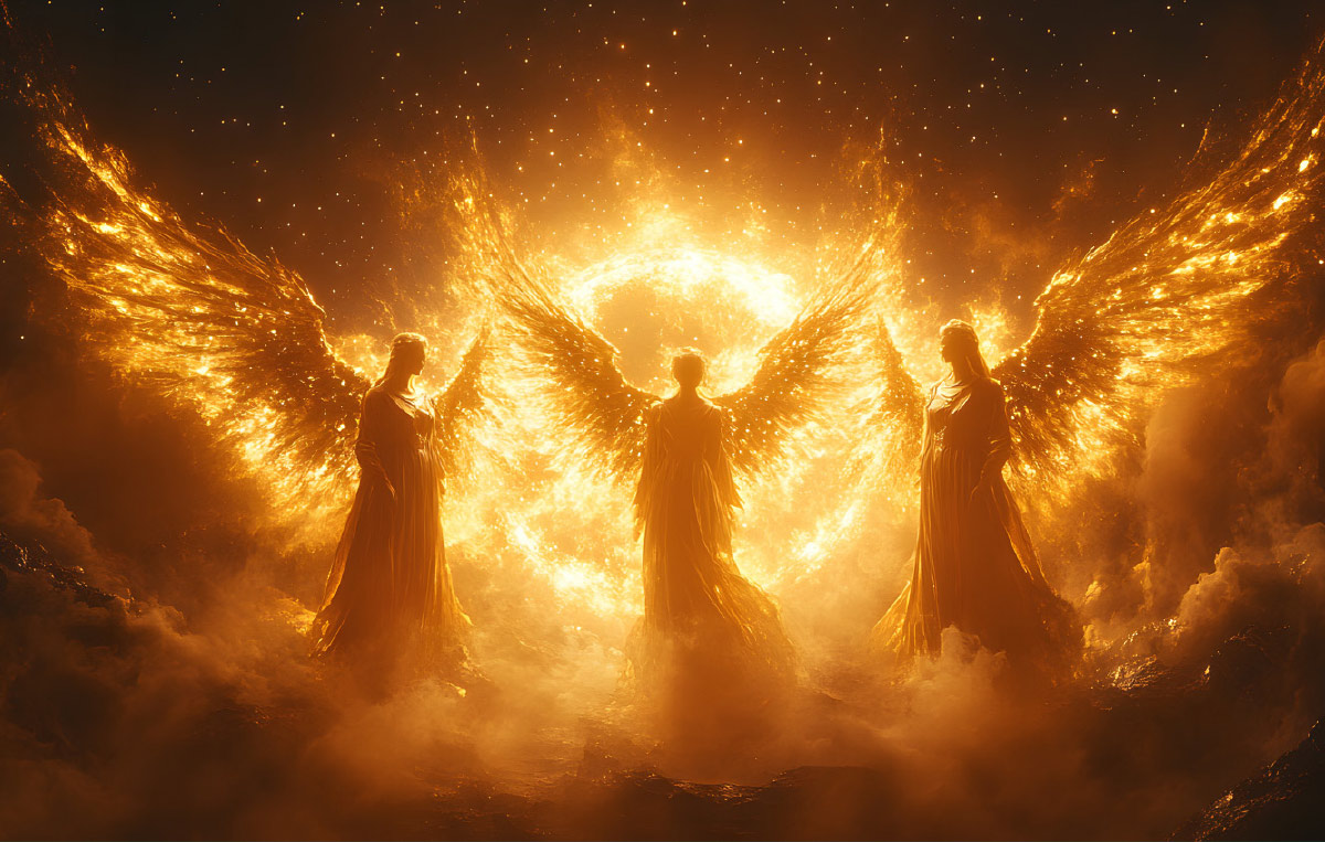 three angels above clouds facing a circle of fire
