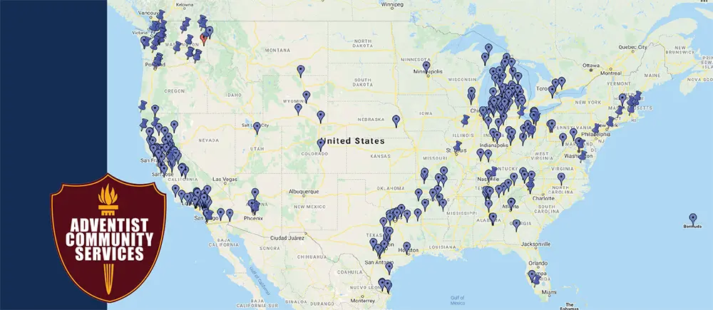 A landscape orientation digital graphic map image display of church locations presumably in the United States and parts of Canada, Mexico, and the Caribbean; The map is marked with numerous dark purple/violet colored location pins, primarily across the U.S. and in certain cities all over like Vancouver, Seattle, Minneapolis, Chicago, Toronto, and New York for instance; A illustrative logo for ADVENTIST COMMUNITY SERVICES is in the bottom left corner situated on top of a dark burgundy shield icon with a gold or orange colored inner stroke outline trace plus a minimalistic flame torch object icon symbol