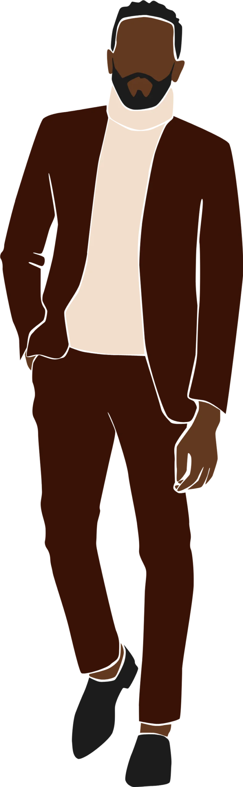 A digital illustration shows a Black man wearing a brown suit jacket over a white shirt. He has a beard and dark sunglasses. The style is minimalist, using solid blocks of color without detailed features.