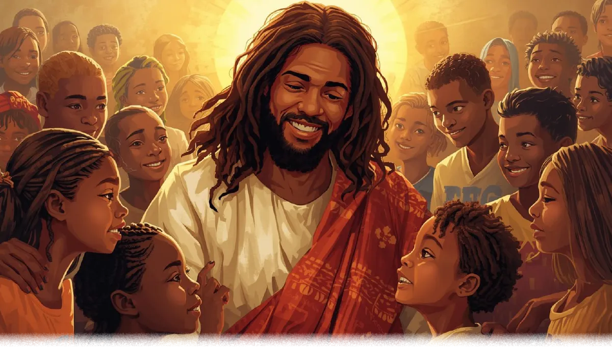 A diverse group of Black children and young adults are gathered around a smiling man with a beard and long, brown hair, who is wearing a white robe and a reddish sash. He is looking down and smiling at the children, who are looking up at him with joyful expressions. The image is a stylized, colorful illustration.