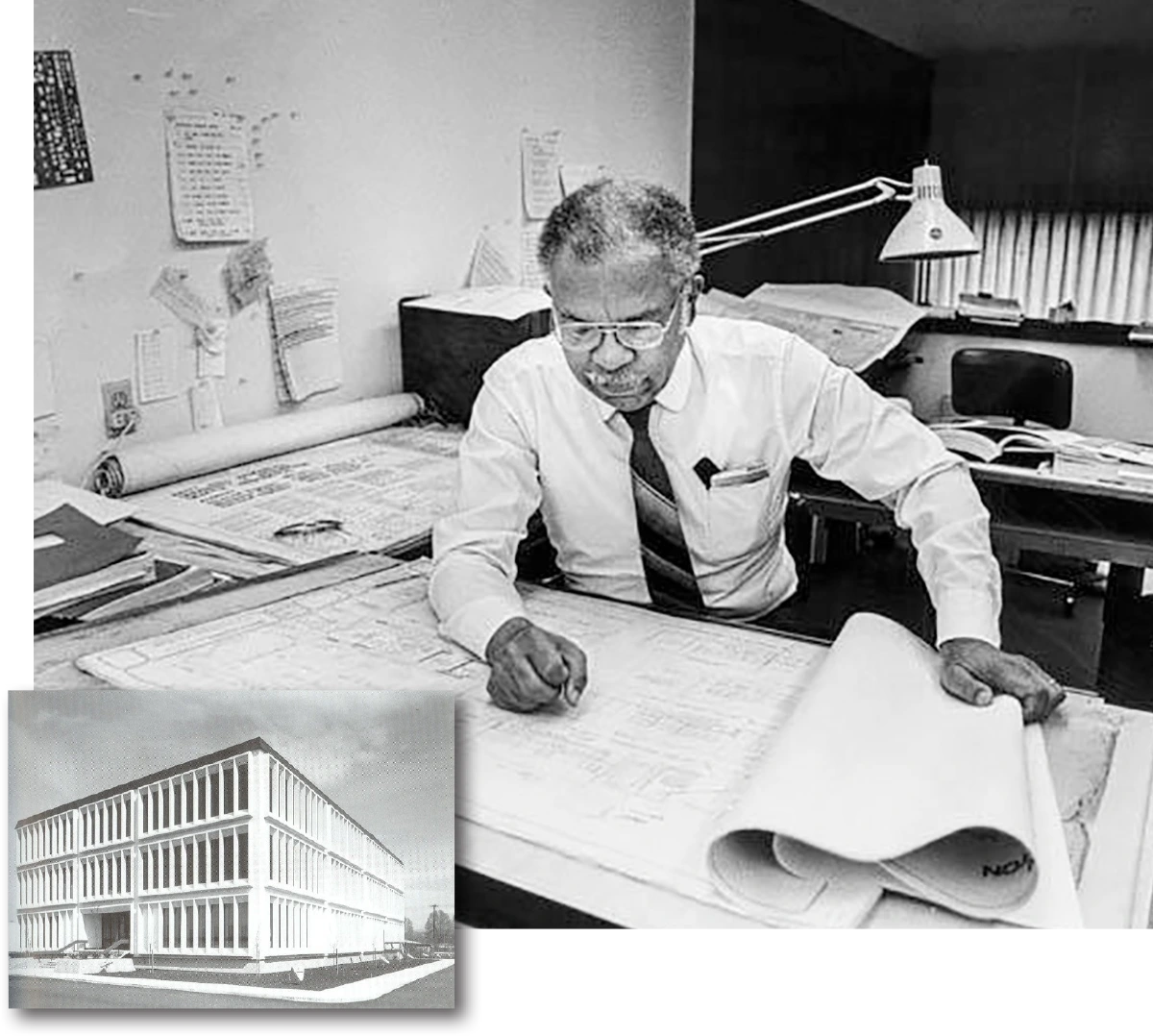 A man with glasses, wearing a white shirt and a patterned tie, sitting at a desk and leaning over a large architectural drawing. A small, separate image of a four-story building with a facade of vertical columns is superimposed in the lower left corner.