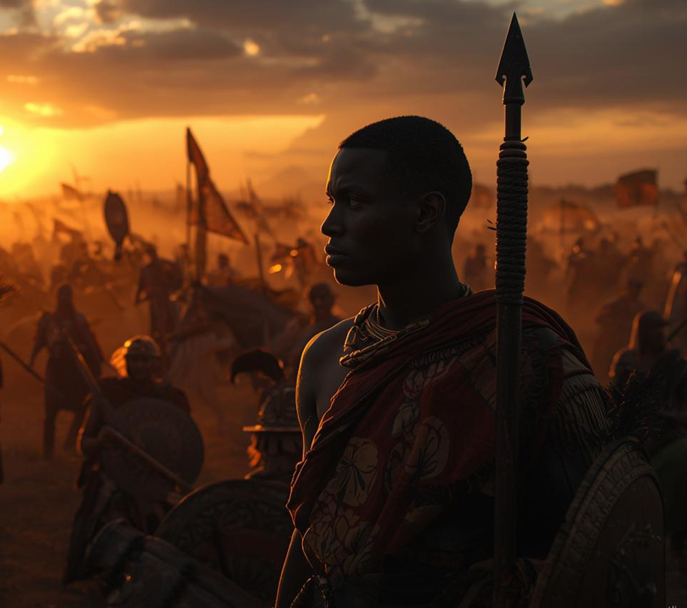 A close-up of a black male warrior holding a spear and a shield in the middle of a battlefield at sunset.