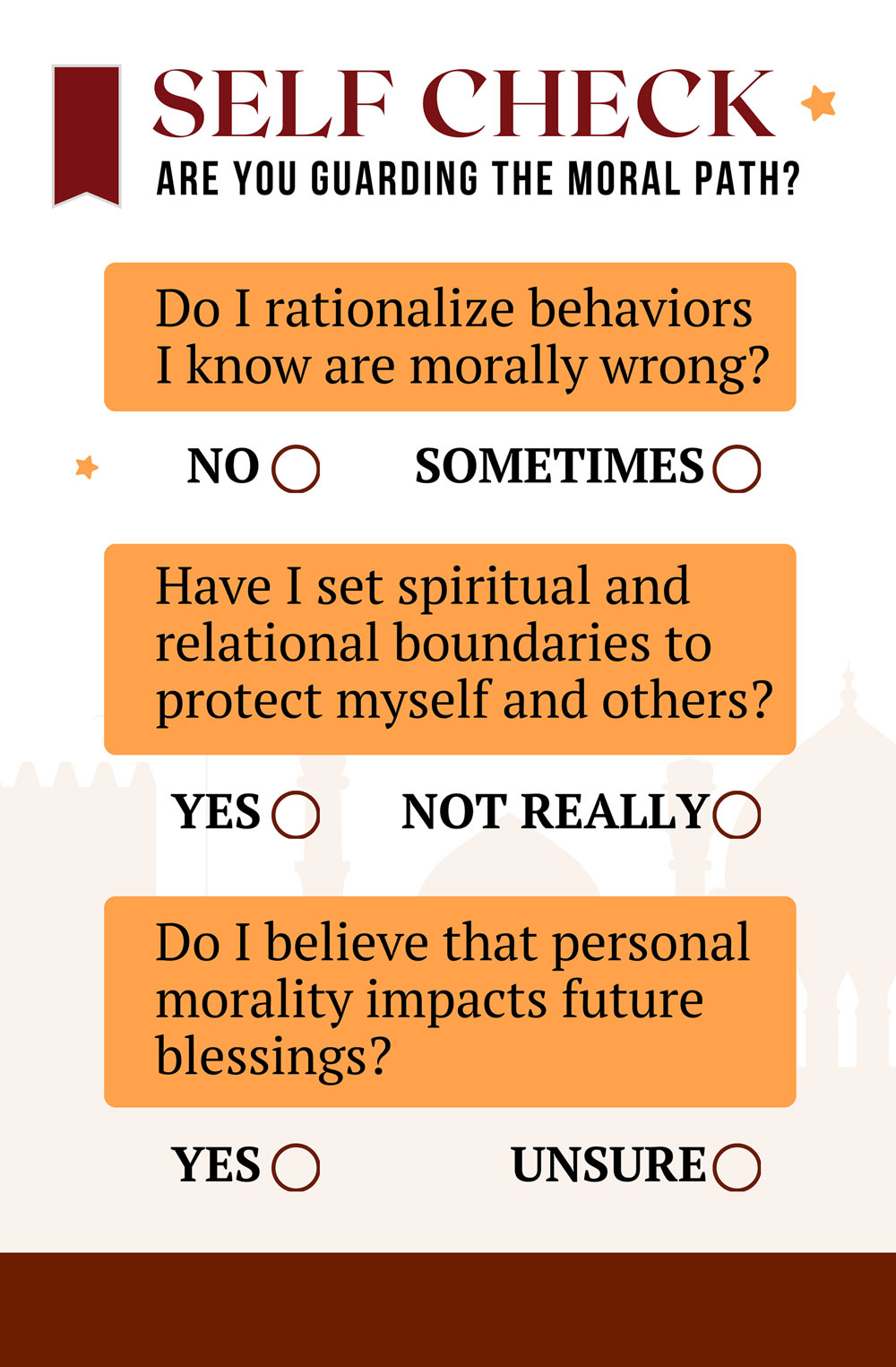 Self Check | Are You Guarding the Moral Path? graphic with a three question self survey