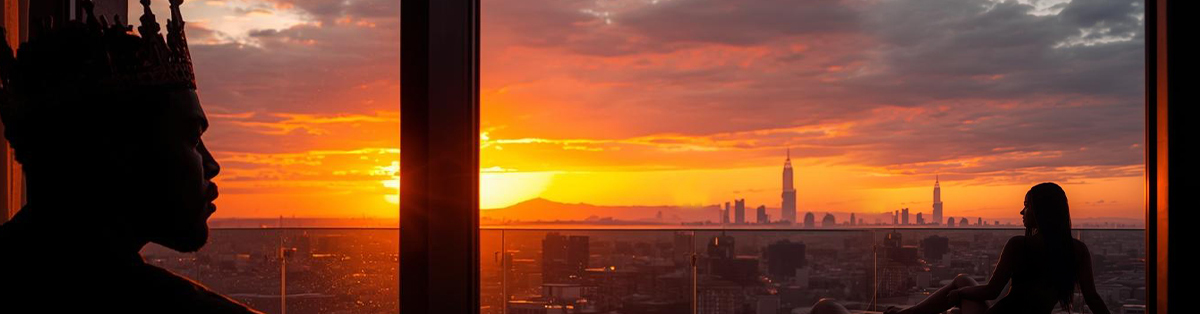 Wide view of silhouetted couple sitting separately in high-rise apartment setting. The man wears a crown and sits to the furthest left in the foreground, the woman sits to the farthest right in the midground and the background is filled with the view of a sunset over a city skyline.