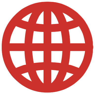 A simple, red digital vector illustration graphic of a globe with a grid pattern, typically used as an internet or website icon