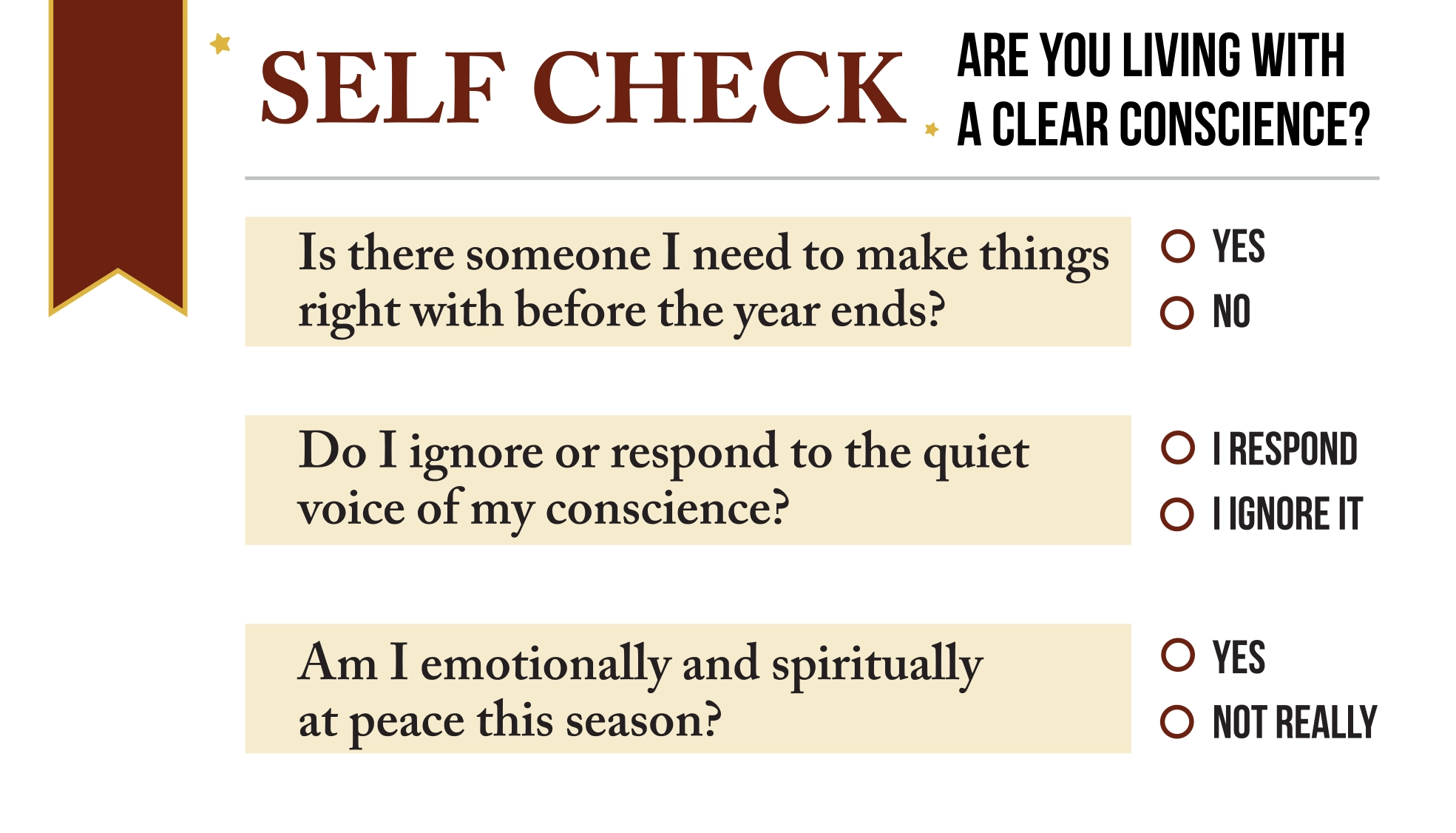 A graphic titled "SELF CHECK: ARE YOU LIVING WITH A CLEAR CONSCIENCE?" with three multiple-choice questions for self-reflection.