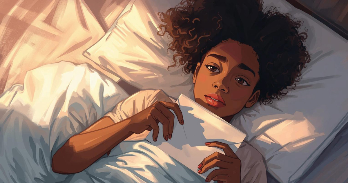 An illustration of a young woman with curly hair lying in bed, bathed in warm, soft sunlight. She is looking directly at the viewer with a thoughtful expression while holding a white envelope close to her chest under the covers.