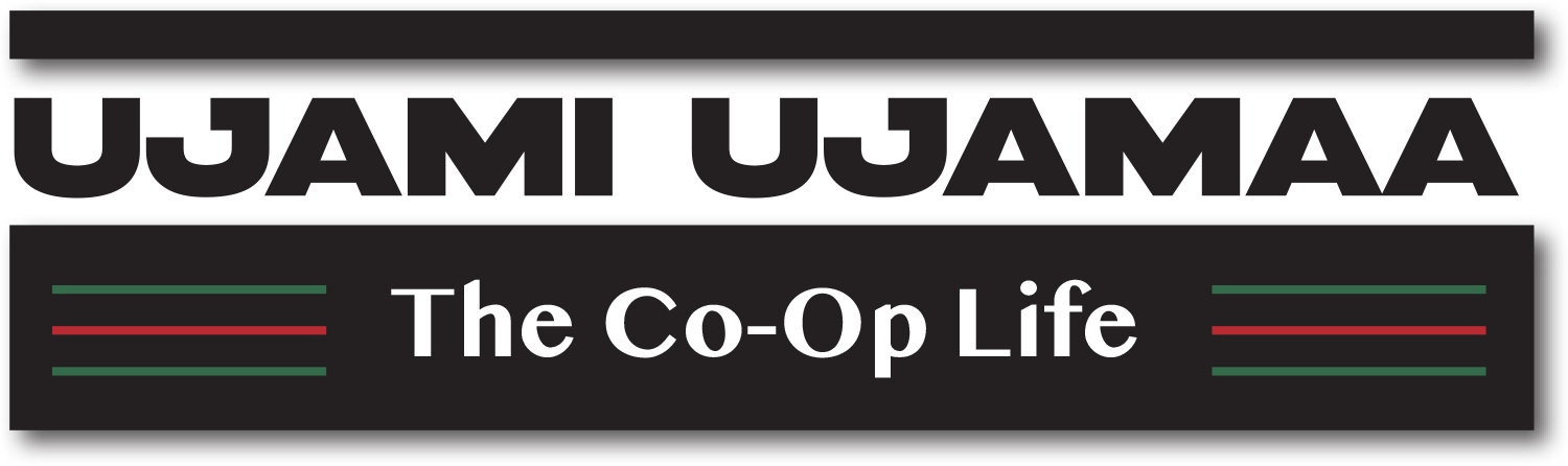 Title graphic for "UJAMI UJAMAA: The Co-Op Life" featuring bold black text and horizontal red and green stripes on a white background.