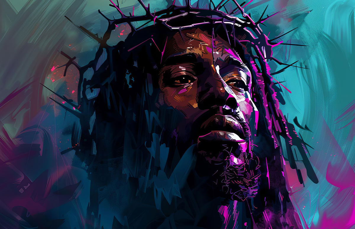 Artistic illustration of a man with dark skin and a beard wearing a crown of thorns. The portrait features vibrant shades of purple, teal, and magenta with high-contrast shadows and abstract, textured brushstrokes in the background.
