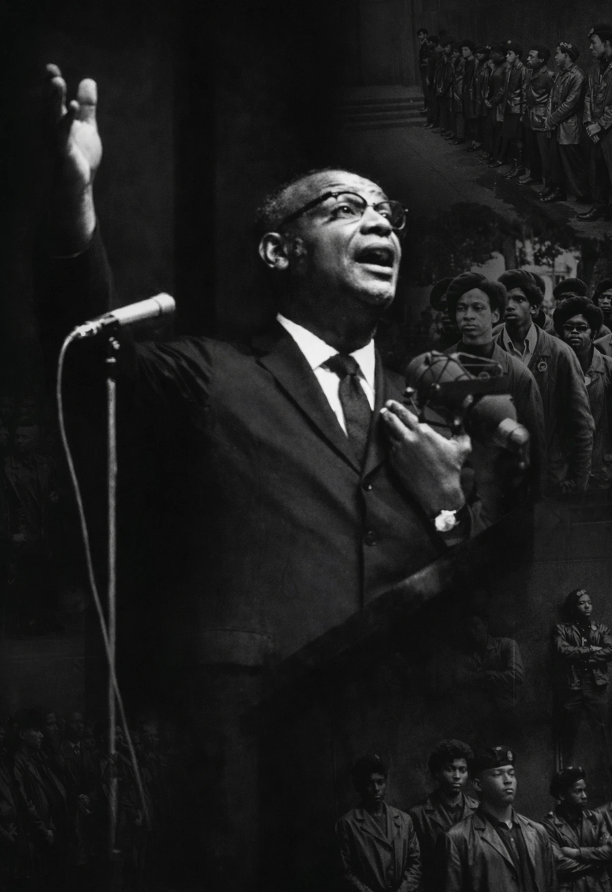 Historical black and white collage of an older Black man in a suit speaking at a microphone, surrounded by faded images of young Black activists in berets and leather jackets