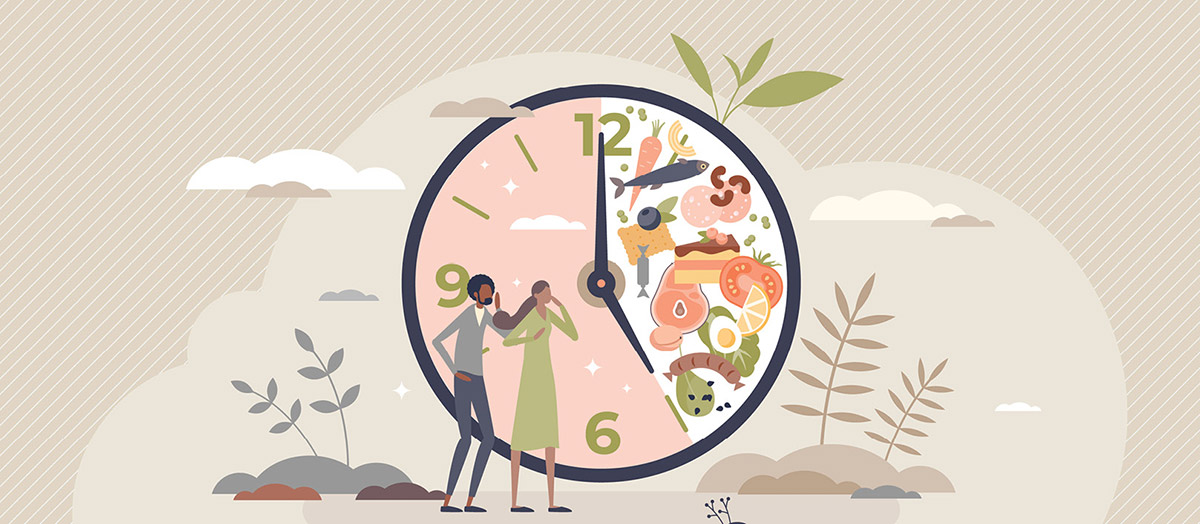 Stylized illustration of intermittent fasting showing two people next to a large clock