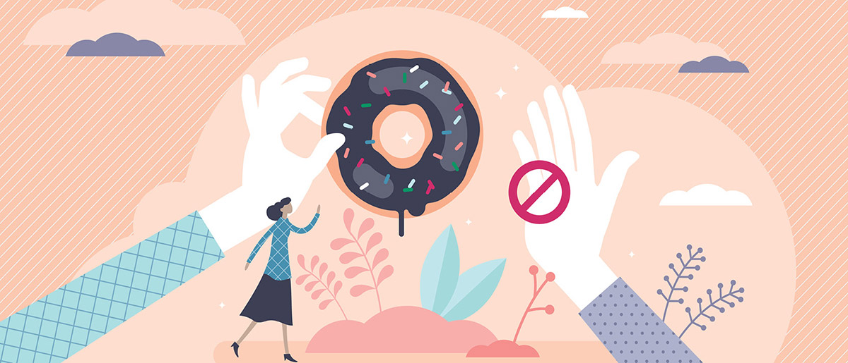 Stylized vector illustration where a large hand offers a frosted donut to another hand