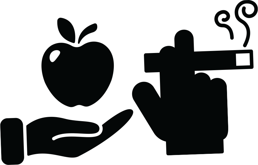 icon of a hand holding an apple and another hand holding a smoking cigarette