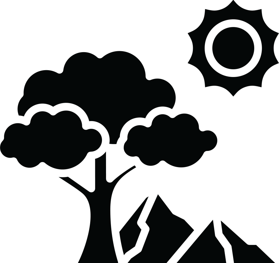 icon of a tree next to mountains and the sun