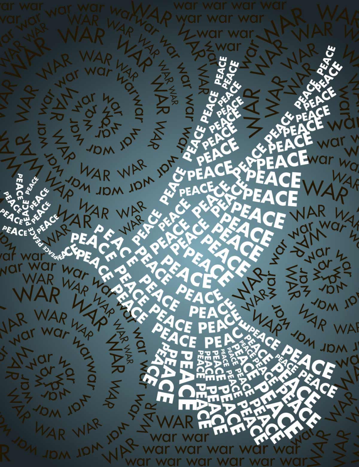 Word art spiral transitioning from dark "WAR" text on the perimeter to bright white "PEACE" text at the center.