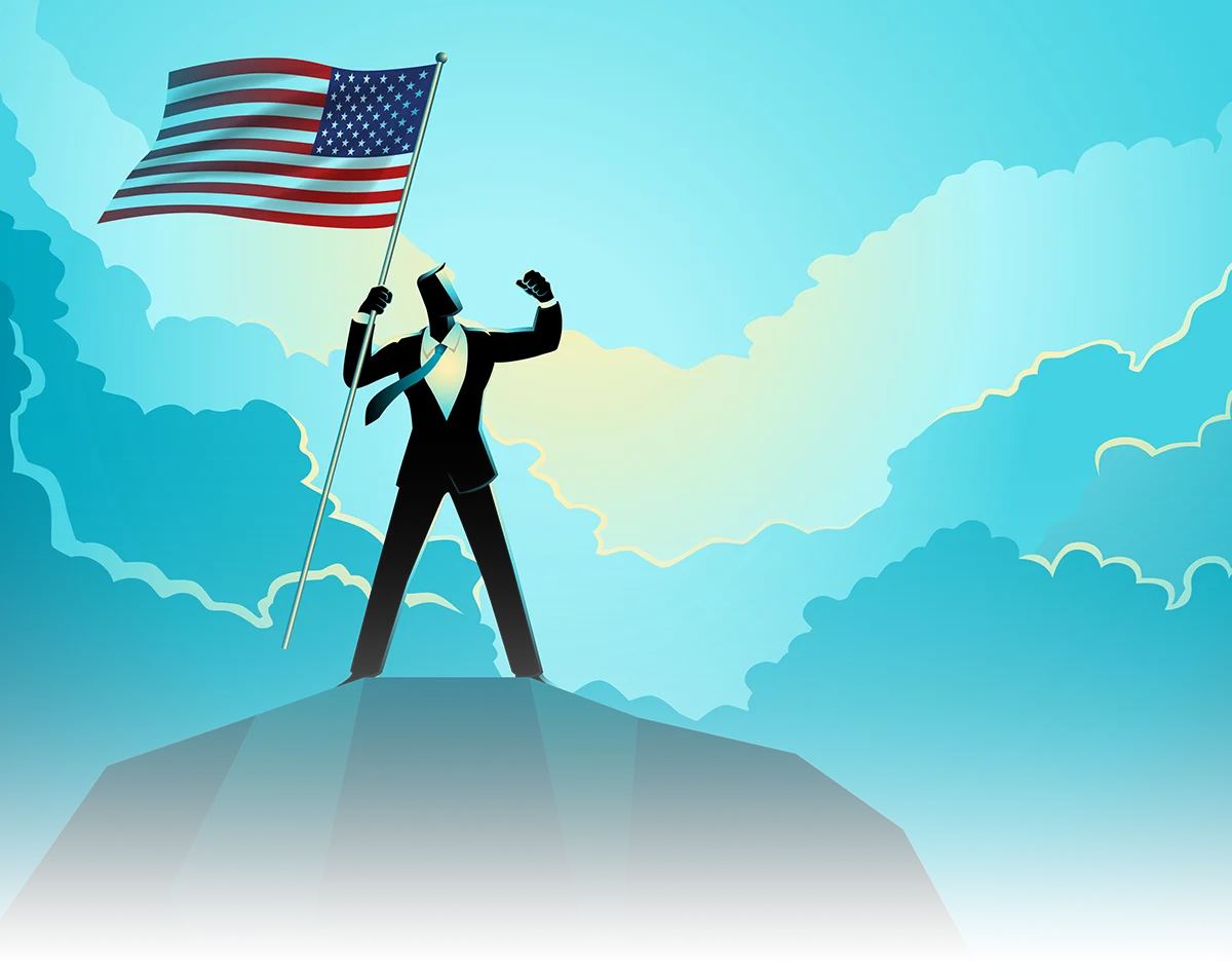 Silhouette of a man in a suit standing on a mountain summit, triumphantly holding an American flag and raising a fist against a glowing, stylized cloudy sky