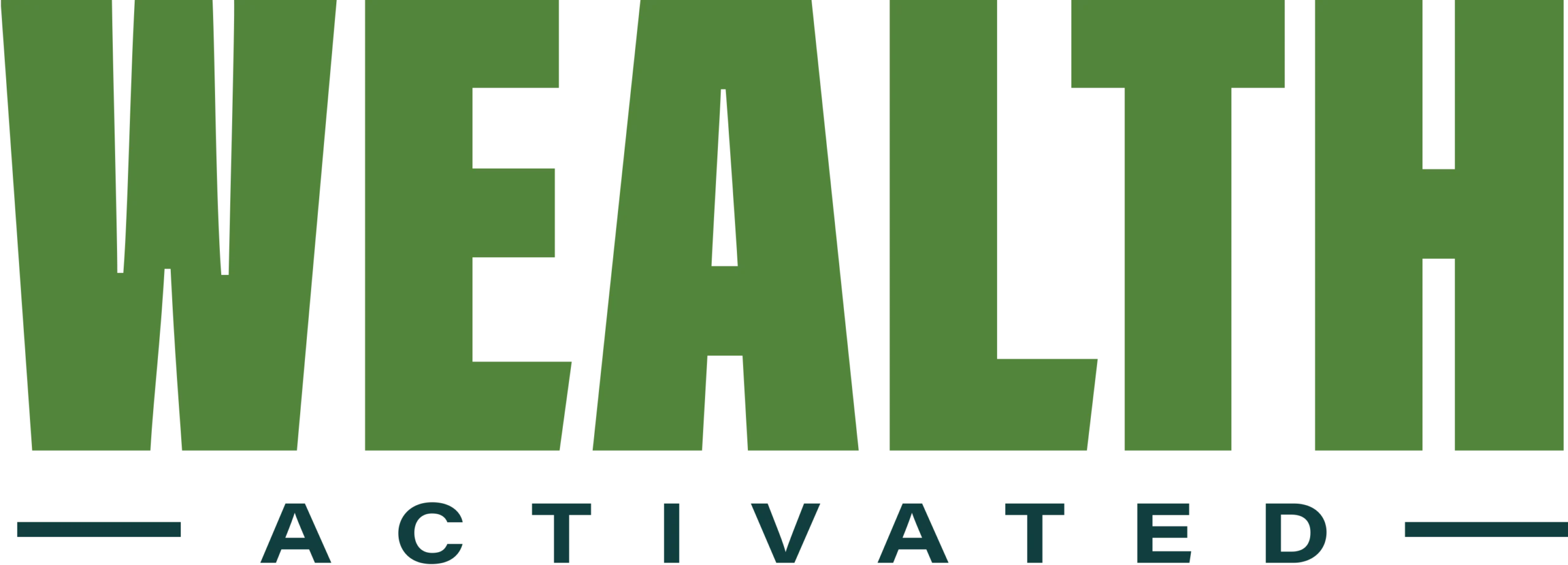 Graphic with the word "WEALTH" in bold green letters and "ACTIVATED" written vertically alongside it.