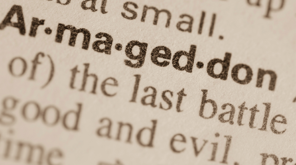 Close-up of a dictionary page with the word "Armageddon" in bold.