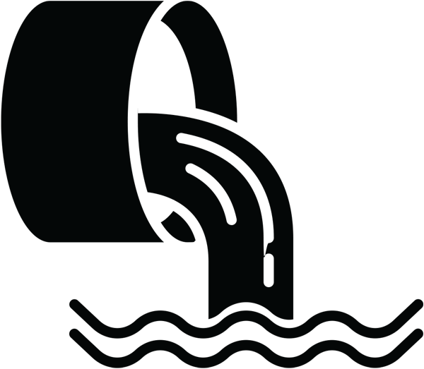 Black silhouette icon on a blue-gray background of a pipe discharging liquid into wavy water.