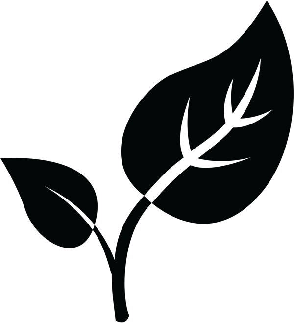 Black silhouette icon on a green background of a plant stem with two leaves.