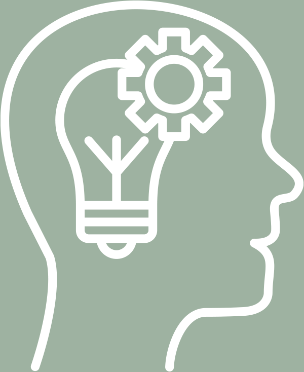 White line art icon on a green background featuring a profile of a human head with a lightbulb and a gear inside.