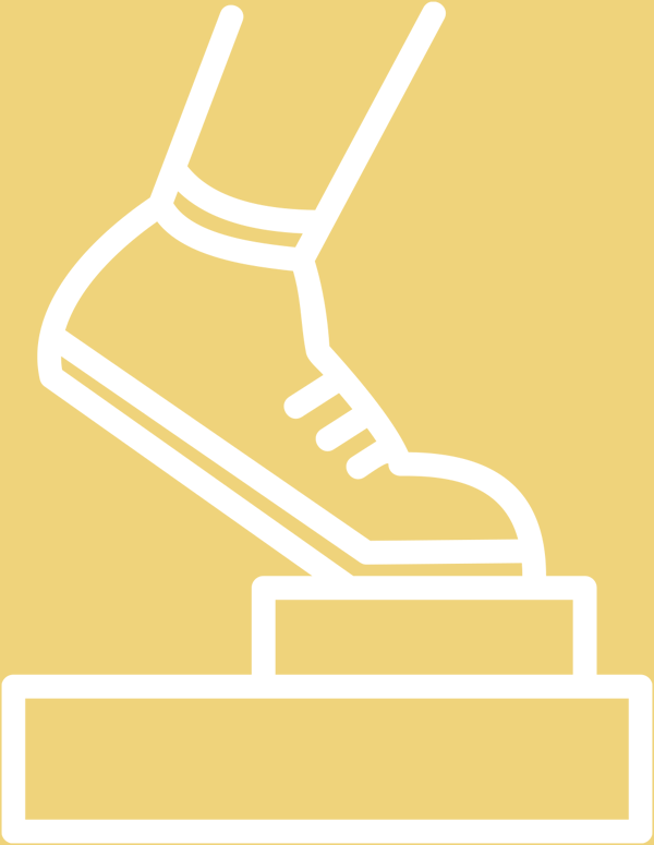 White line art icon on a yellow background depicting a human foot wearing a sneaker ascending steps.