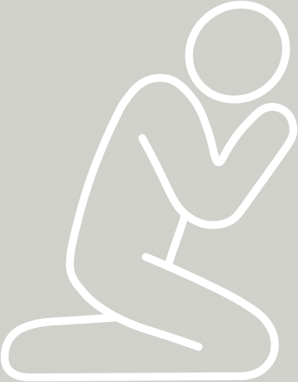White line art icon on a gray background of a human figure kneeling with their head bowed and hands held to their face.