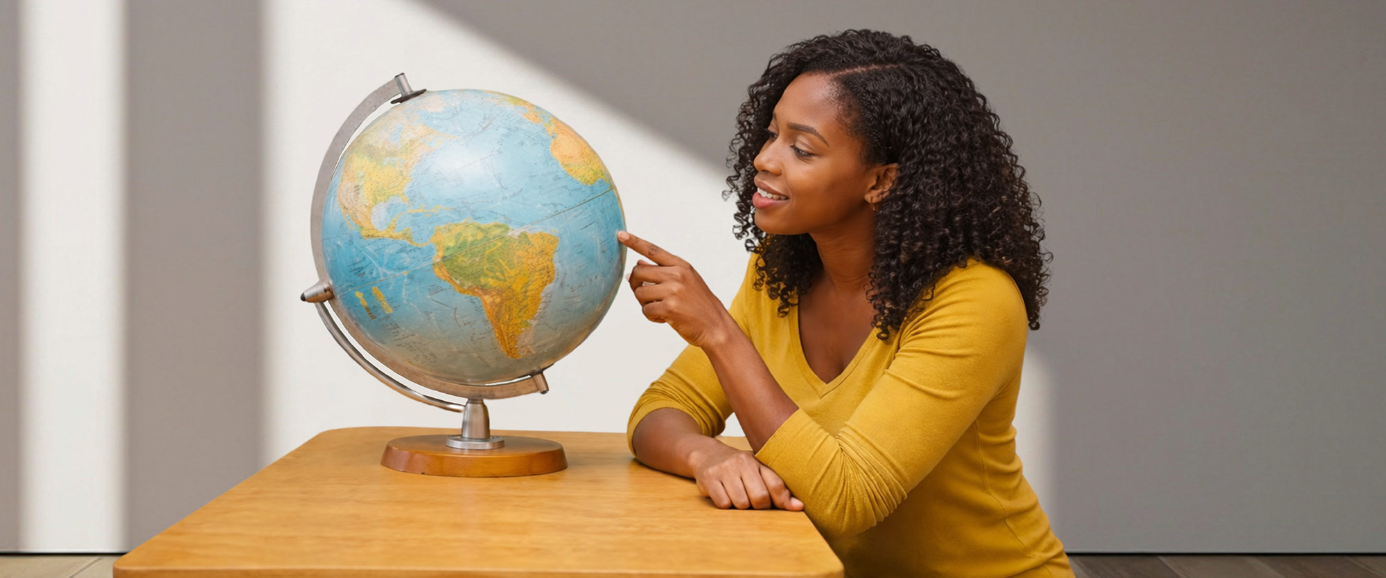 A Black woman with curly hair, wearing a yellow shirt, points to a desk globe while sitting at a wooden table.