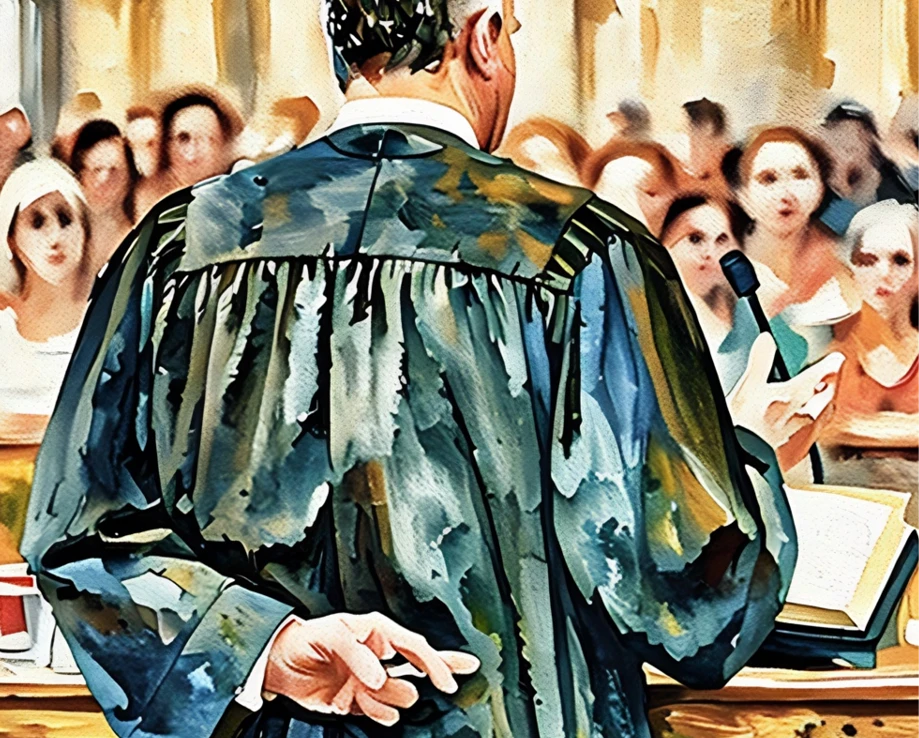 Illustration of a robed speaker addressing a seated audience from the front of a hall, viewed from behind the speaker.