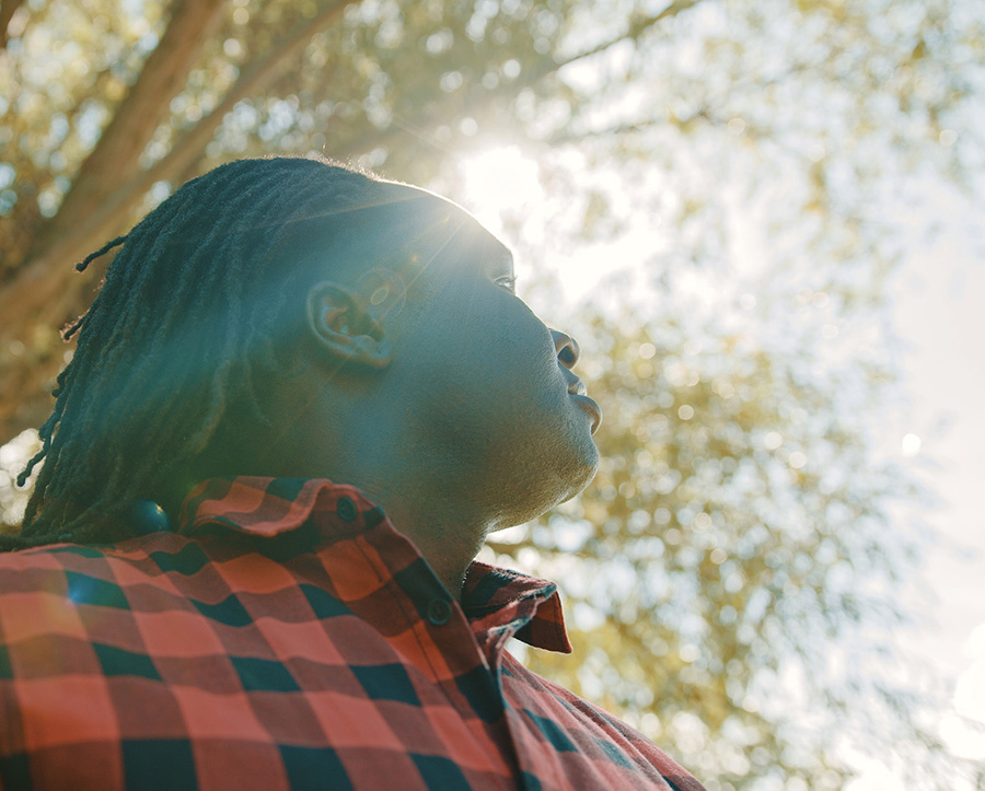 A person with dreadlocks wearing a plaid shirt looks upward as sunlight streams through the trees.