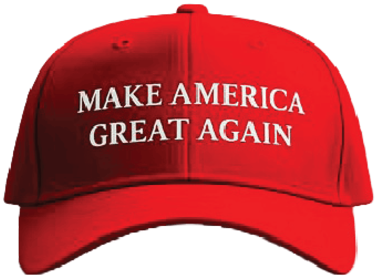 A red hat that says MAKE AMERICA GREAT AGAIN in white
