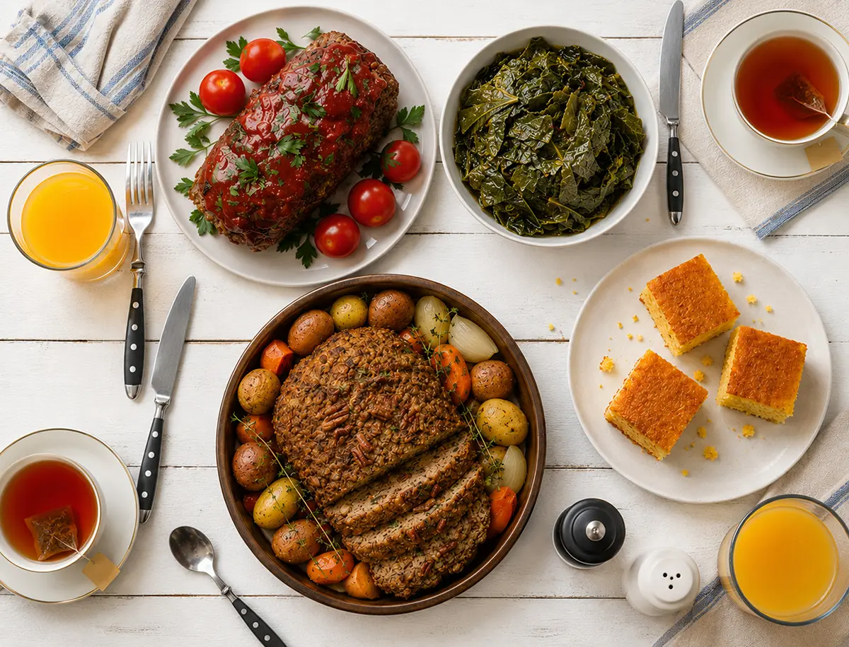 Table spread with various foods