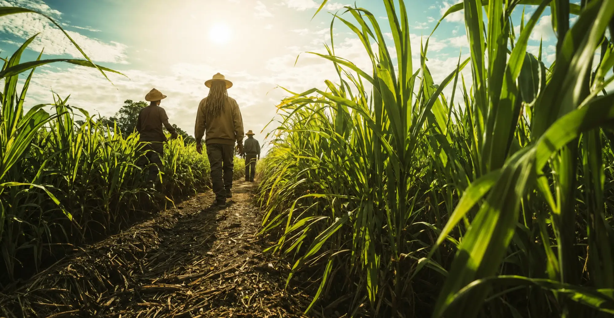 Three field workers wearing wide-brimmed hats walk down a dirt path cut through a lush, bright green sugarcane field under a brilliant, sunny sky.