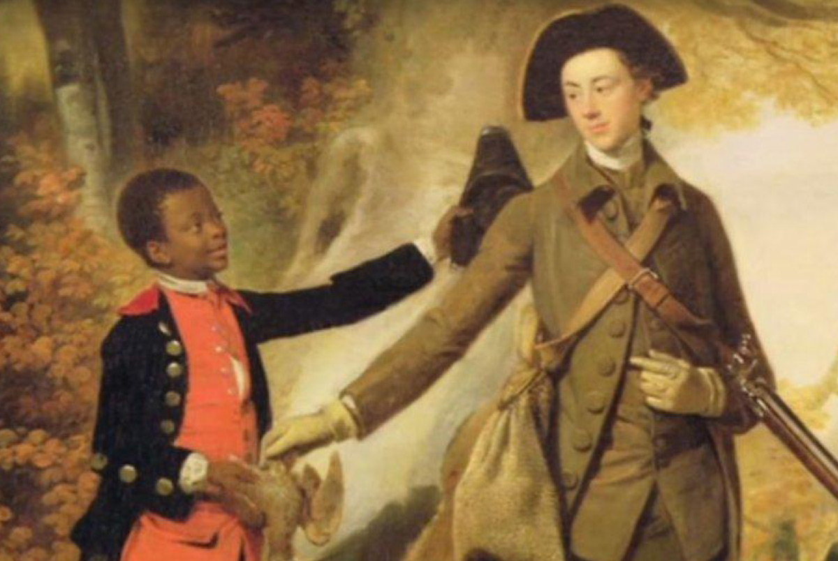 A 18th-century painting depicting a young colonial man in a tricorn hat receiving a duck from a Black boy dressed in standard servant attire.