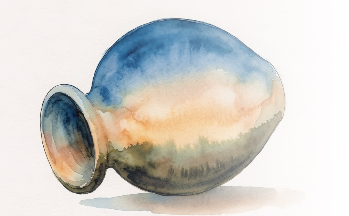 A soft watercolor painting of a rounded clay pot resting on its side, blending smooth hues of blue, warm orange, and earthy green-brown.