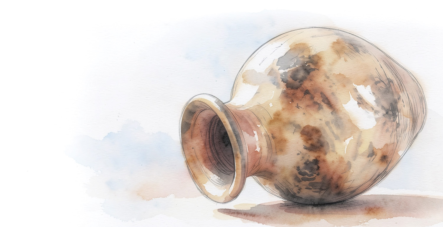 Watercolor illustration of a ceramic vase with a marbled pattern lying on its side.