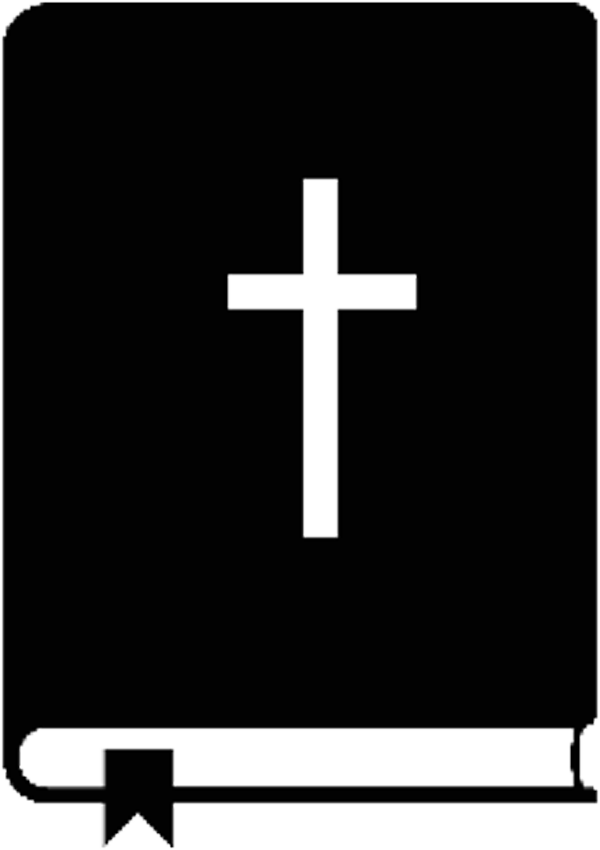 Black icon of a closed book featuring a white Christian cross on the front cover and a bookmark ribbon extending from the bottom edge.