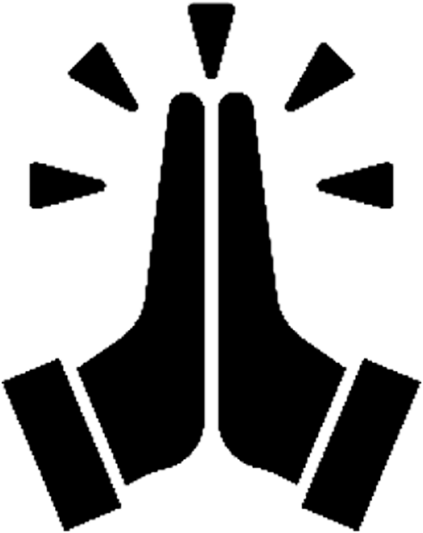 Black icon of two hands pressed together in a prayer gesture, with simple lines radiating outward above the fingertips.