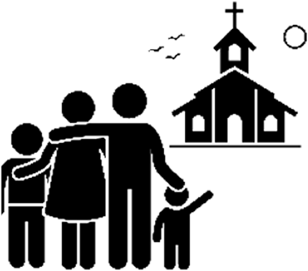 Black icon of a family of four standing together, with a church building, flying birds, and a circular sun in the background.