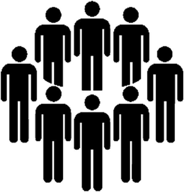 Black icon showing eight stylized human figures arranged in a circular formation.